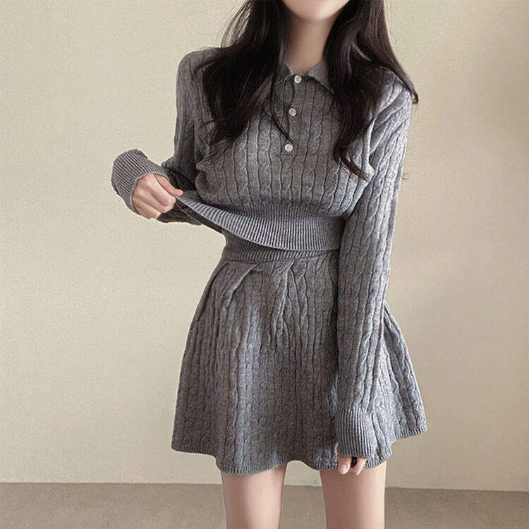 【SET】ケーブルクロップニット バンディングフレアミニスカート GRAY