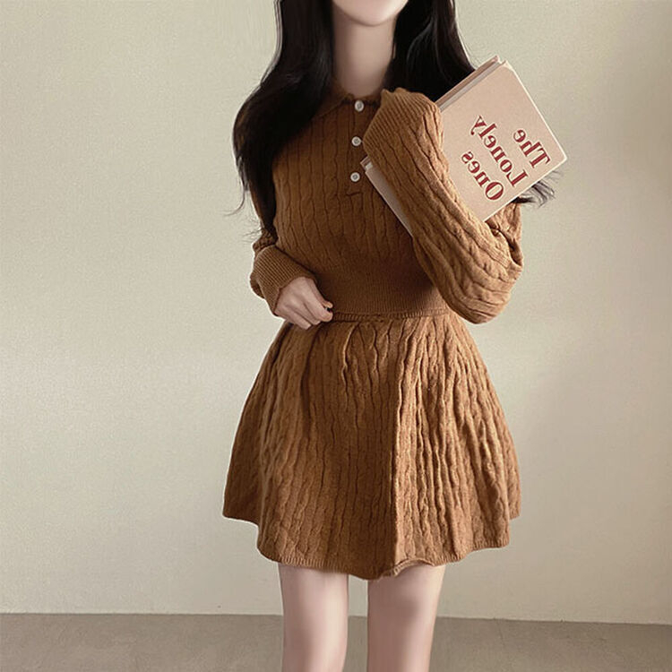 【SET】ケーブルクロップニット バンディングフレアミニスカート BROWN