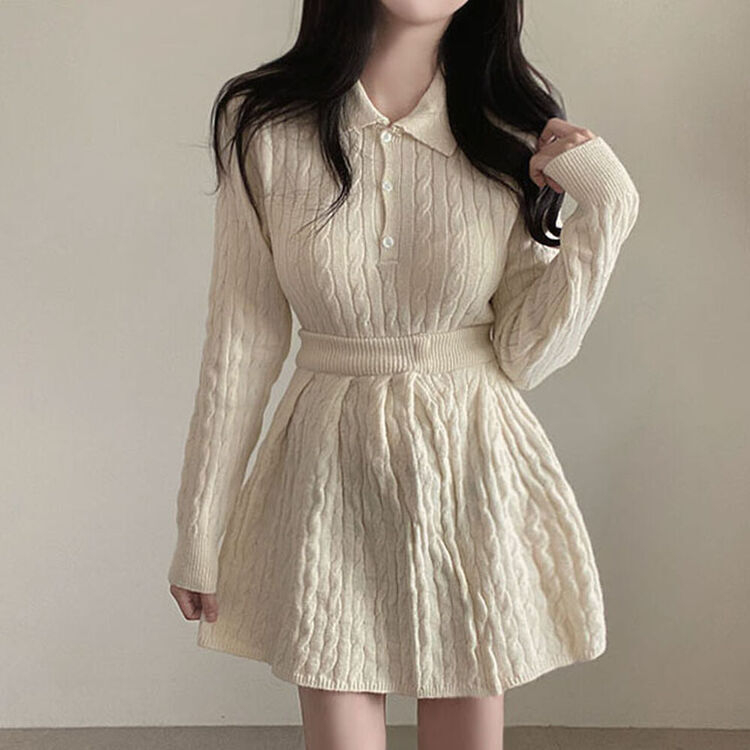 【SET】ケーブルクロップニット バンディングフレアミニスカート IVORY