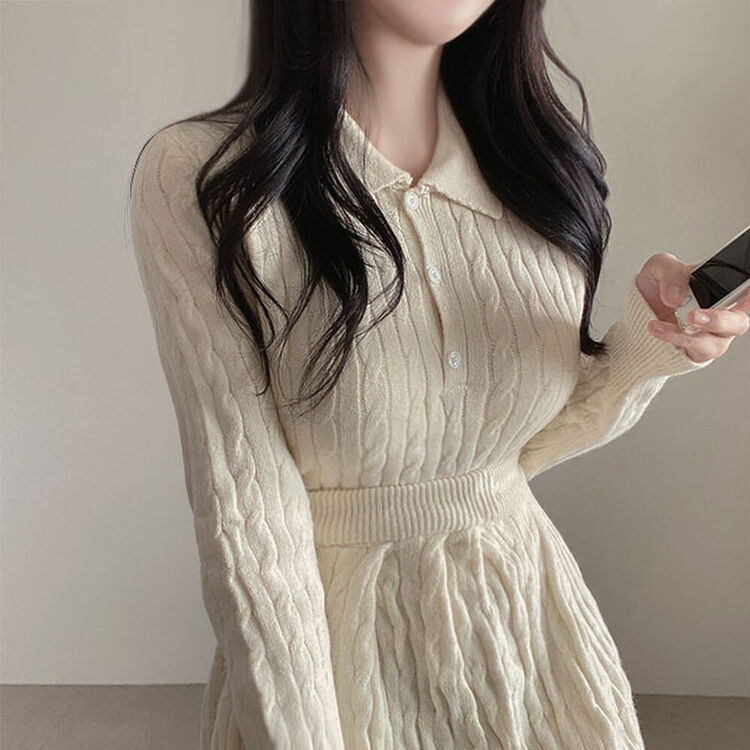 【SET】ケーブルクロップニット バンディングフレアミニスカート IVORY