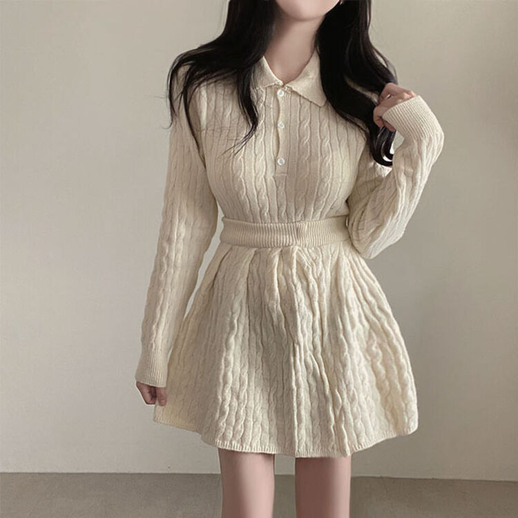 【SET】ケーブルクロップニット バンディングフレアミニスカート IVORY