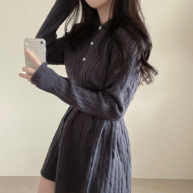 【SET】ケーブルクロップニット バンディングフレアミニスカート CHARCOAL