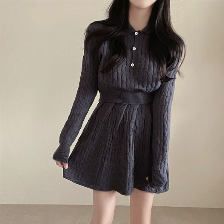 【SET】ケーブルクロップニット バンディングフレアミニスカート CHARCOAL