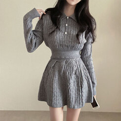 【SET】ケーブルクロップニット バンディングフレアミニスカート GRAY