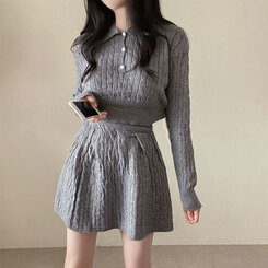 【SET】ケーブルクロップニット バンディングフレアミニスカート GRAY