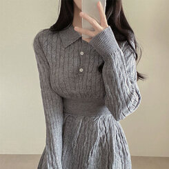 【SET】ケーブルクロップニット バンディングフレアミニスカート GRAY