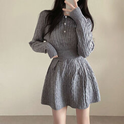 【SET】ケーブルクロップニット バンディングフレアミニスカート GRAY