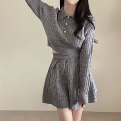 【SET】ケーブルクロップニット バンディングフレアミニスカート GRAY