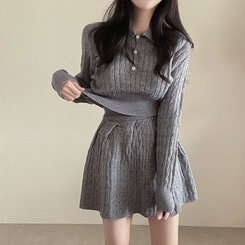 【SET】ケーブルクロップニット バンディングフレアミニスカート GRAY