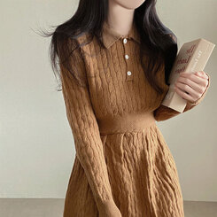 【SET】ケーブルクロップニット バンディングフレアミニスカート BROWN