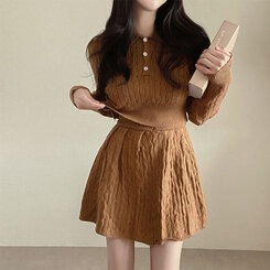 【SET】ケーブルクロップニット バンディングフレアミニスカート BROWN