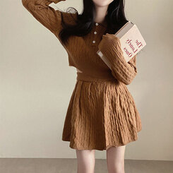 【SET】ケーブルクロップニット バンディングフレアミニスカート BROWN