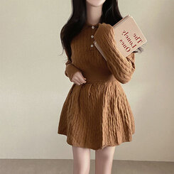 【SET】ケーブルクロップニット バンディングフレアミニスカート BROWN