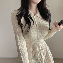 【SET】ケーブルクロップニット バンディングフレアミニスカート IVORY