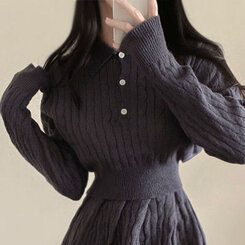 【SET】ケーブルクロップニット バンディングフレアミニスカート CHARCOAL