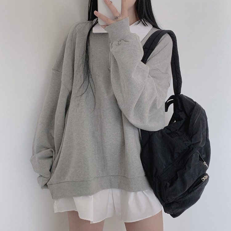 シャツフェイクレイヤードボタンネックトレーナー｜スウェット｜韓国