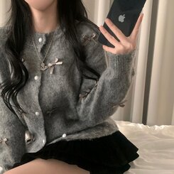 코코 울 진주 리본 니트가디건 그레이