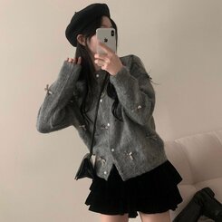 코코 울 진주 리본 니트가디건 그레이