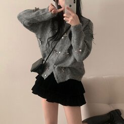 코코 울 진주 리본 니트가디건 그레이