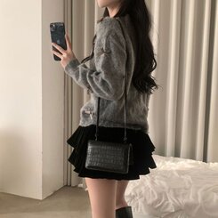 코코 울 진주 리본 니트가디건 그레이