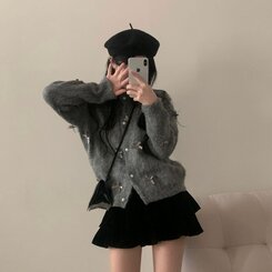 코코 울 진주 리본 니트가디건 그레이