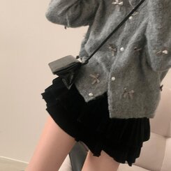 코코 울 진주 리본 니트가디건 그레이