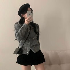 코코 울 진주 리본 니트가디건 그레이