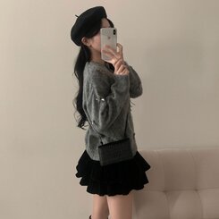 코코 울 진주 리본 니트가디건 그레이