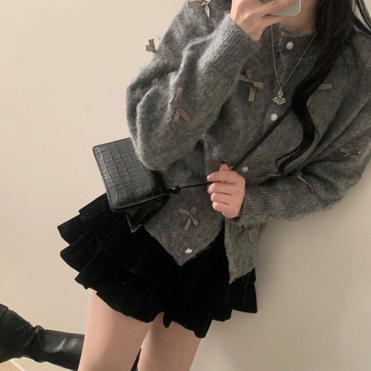 코코 울 진주 리본 니트가디건 그레이