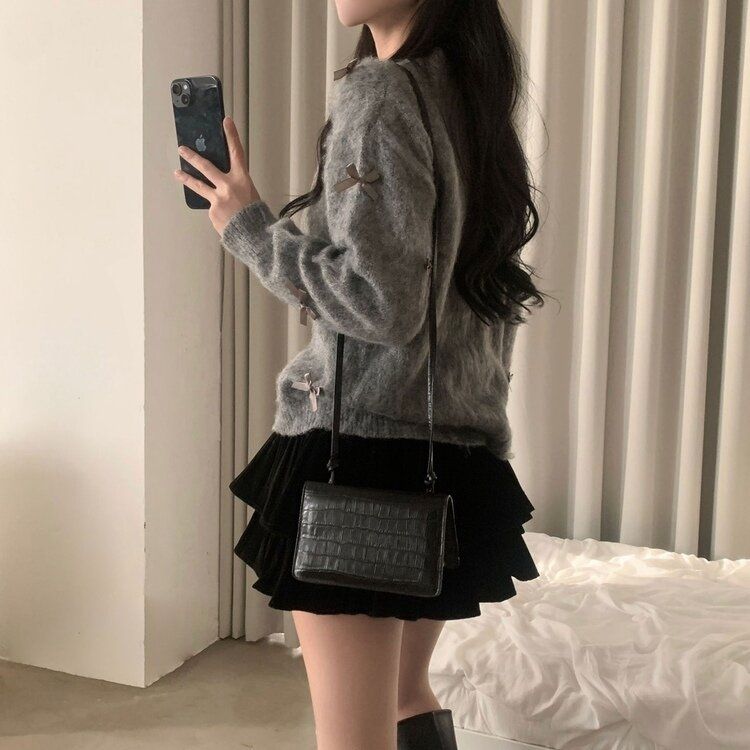 코코 울 진주 리본 니트가디건 그레이