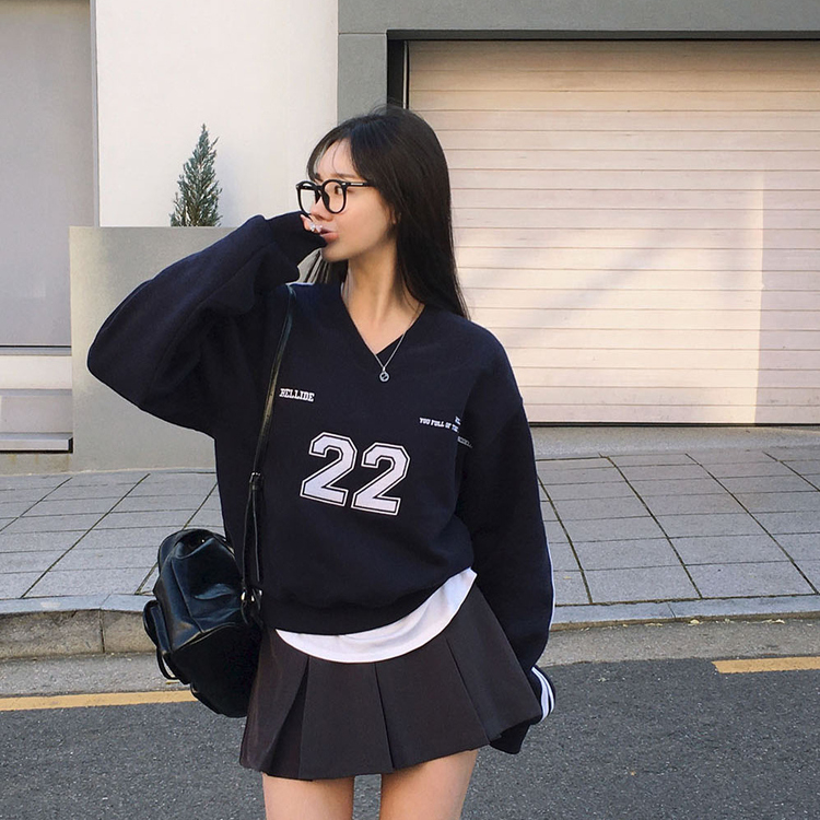トラックラインスリーブVネックルーズフィットトレーナー NAVY