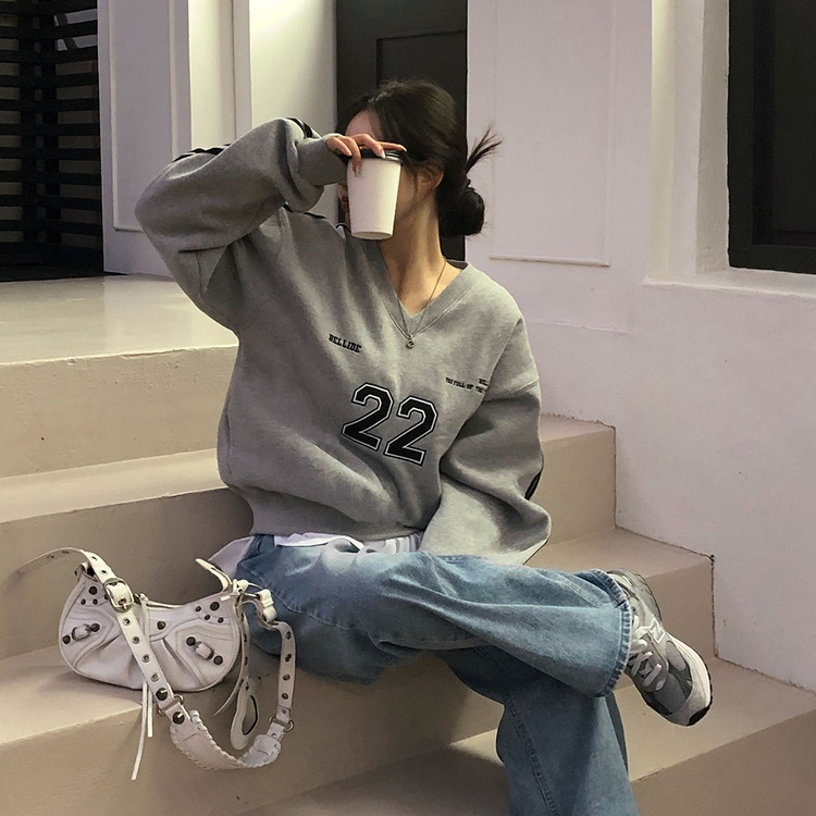 トラックラインスリーブVネックルーズフィットトレーナー GRAY