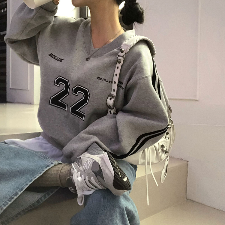 トラックラインスリーブVネックルーズフィットトレーナー GRAY