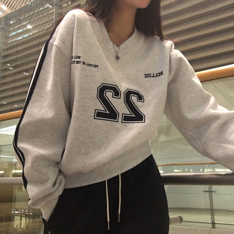 トラックラインスリーブVネックルーズフィットトレーナー MELANGE WHITE
