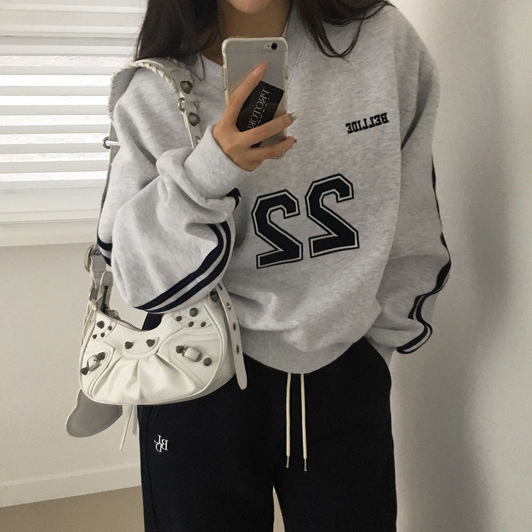トラックラインスリーブVネックルーズフィットトレーナー MELANGE WHITE