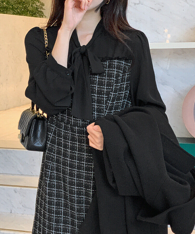 ボウタイブラウスドッキングツイードビスチェロングワンピース｜ロング