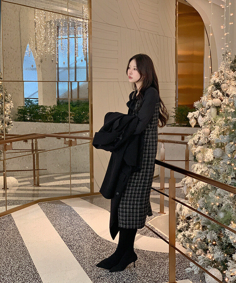 ボウタイブラウスドッキングツイードビスチェロングワンピース｜ロング