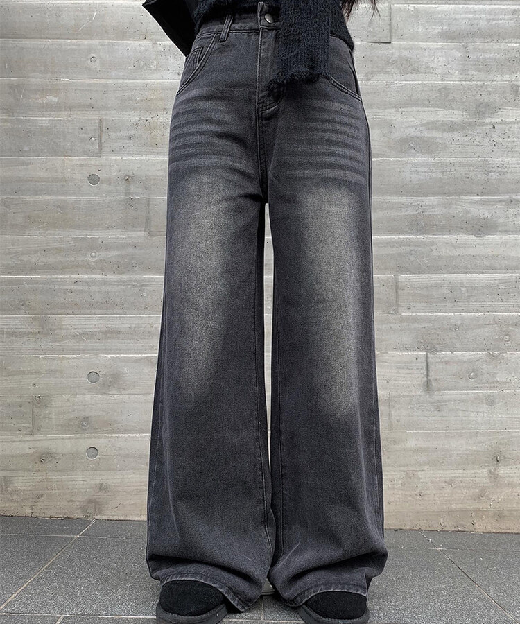 ウォッシングブラックデニムワイドパンツ｜デニム｜韓国