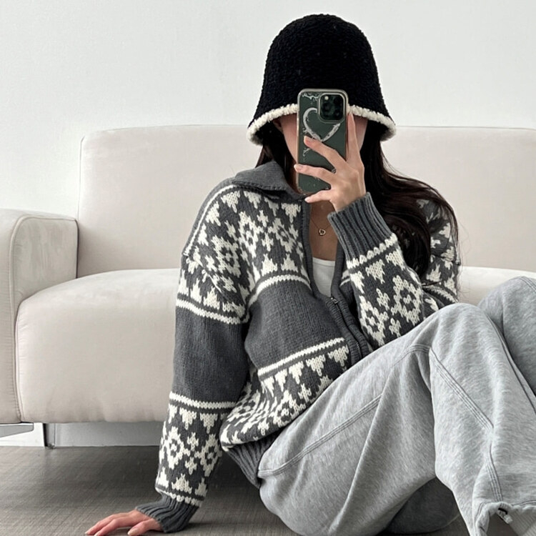 ジャガードルーズフィットジップアップニット｜ジャンパー｜韓国