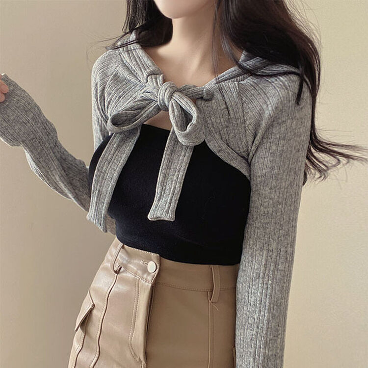 フードビッグリボンスリムニットボレロ｜カーディガン｜韓国