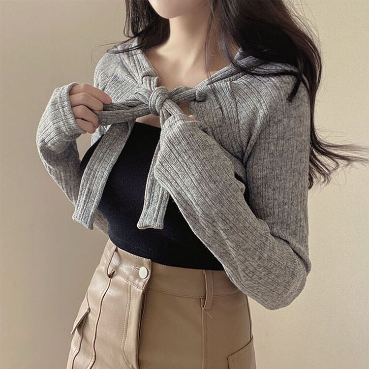 フードビッグリボンスリムニットボレロ｜カーディガン｜韓国
