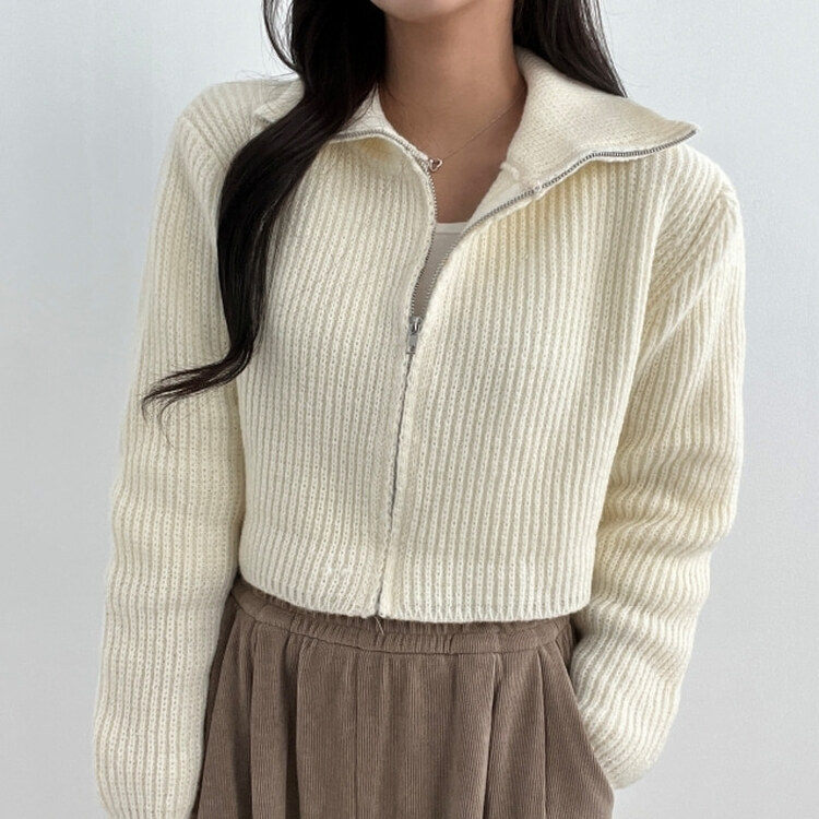 リブクロップハイネックカラージップアップニット｜ジャンパー｜韓国