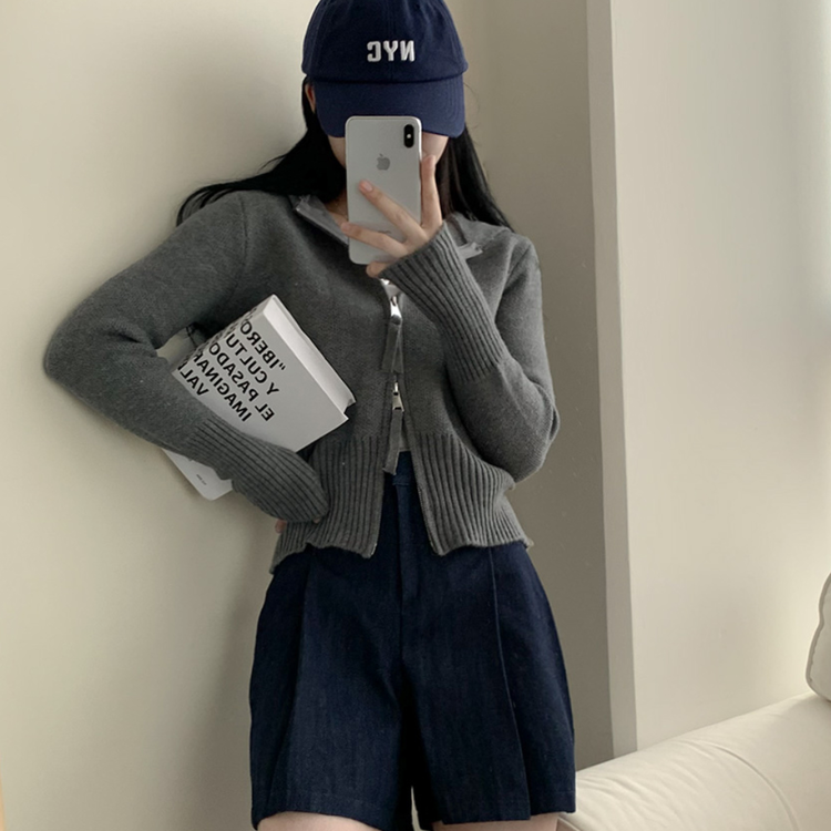 美品　ジャックバニー　ドライバーズニット　蓄熱　ダブルジップ　刺繍 ダブルジップアップセミクロップフードニット｜ジャンパー｜韓国