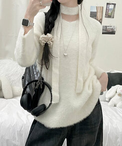 SET】オーバーフィットアンゴラVネックニット＋チョーカー