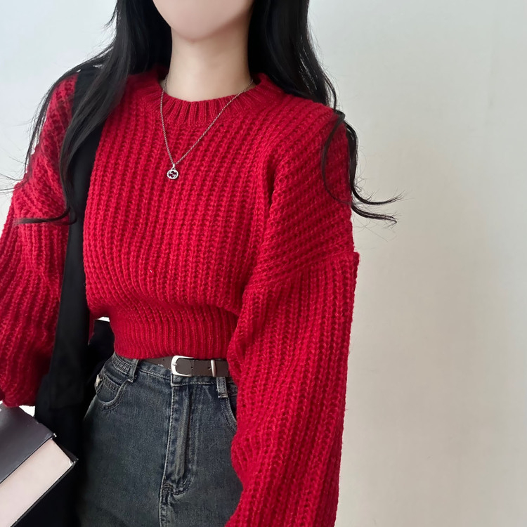 ニット ボカシクロップニット8色 RED