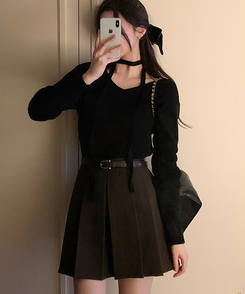 【SET】ベルト＋プリーツミニスカート Brown(WINTER VERSION+BELT)