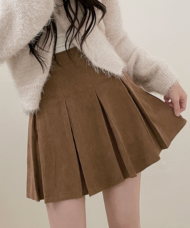 러블리코듀로이골덴플리츠미니스커트 다크베이지