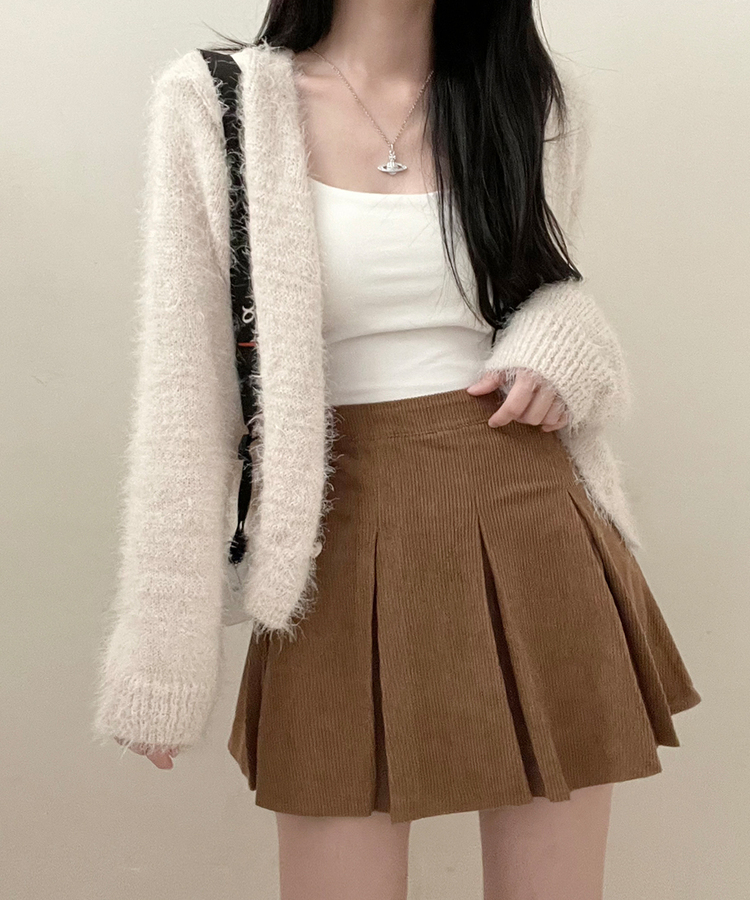 러블리코듀로이골덴플리츠미니스커트 다크베이지