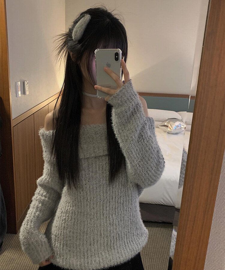 オフショルダールーズフィットシャギーニット GRAY