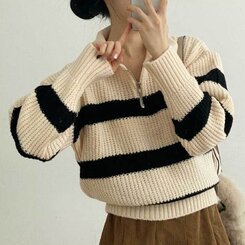 ストライプカラーネックハーフジップアップニット｜ニット｜韓国